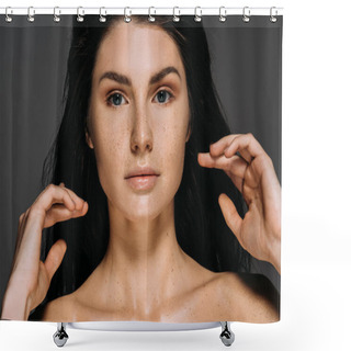 Personality  Beautiful Brunette Woman Posing Isolated On Grey Shower Curtains