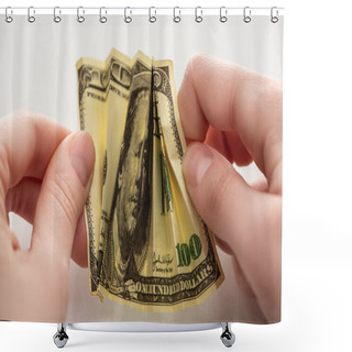 Personality  Close Up Of Woman Holding Crumpled Dollar Banknote In Hands Isolated On White  Shower Curtains