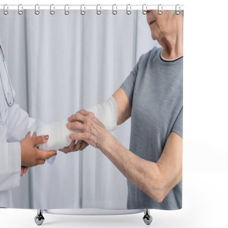 Personality  Cropped View Of Senior Woman With Plaster Bandage On Arm Standing Near African American Doctor  Shower Curtains