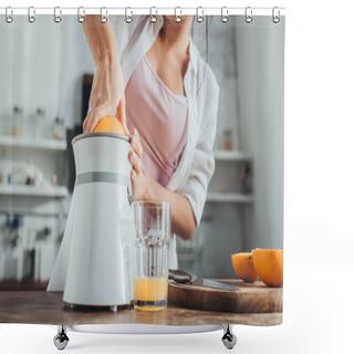 Personality  Partial View Of Girl Making Fresh Orange Juice With Juicer At Wooden Table In Kitchen Shower Curtains