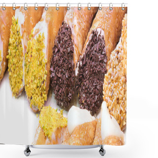 Personality  Many Pastries Called CANNOLI In Italian Language With Pistachio And Chocolate Shower Curtains