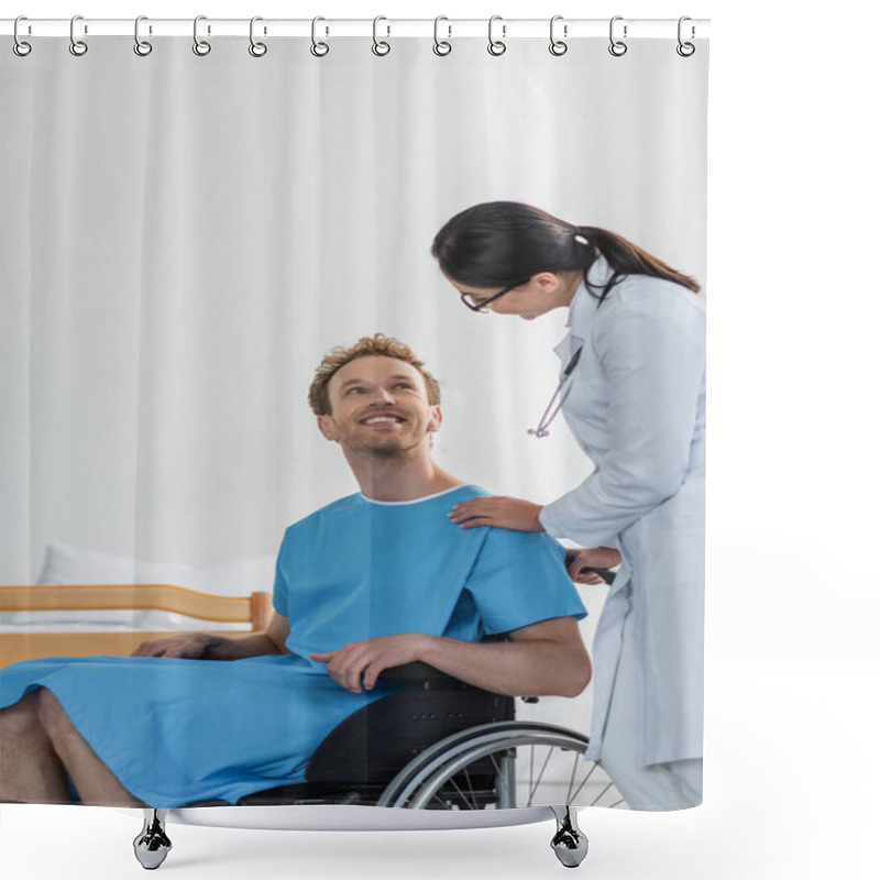 Personality  Doctor In White Coat Near Cheerful Disabled Patient In Wheelchair  Shower Curtains