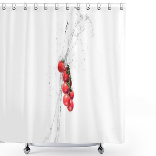 Personality   Fresh Cherry Tomatoes In Water Splashes Isolated On White Shower Curtains