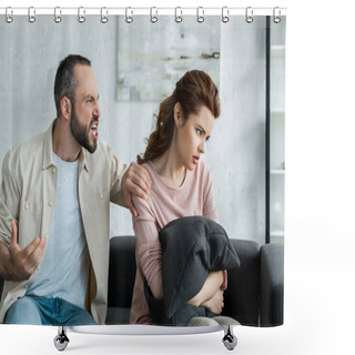 Personality  Irritated Man Touching Shoulder Of Offended Woman At Home  Shower Curtains