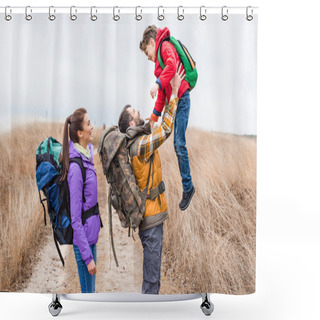 Personality  Happy Father Holding Little Son  Shower Curtains