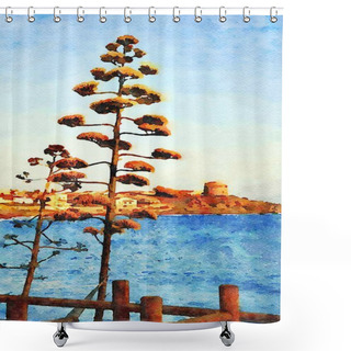 Personality  A Blooming Agave Stands Out On The Seafront In Sardinia. In The Background A Piece Of Coast With A Medieval Tower. Digital Watercolors Painting. Shower Curtains