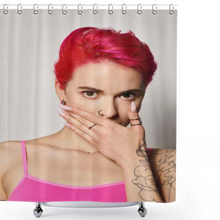 Personality  Expressive Young Woman With Pink Hair Covering Mouth And Looking At Camera On Grey Backdrop Shower Curtains