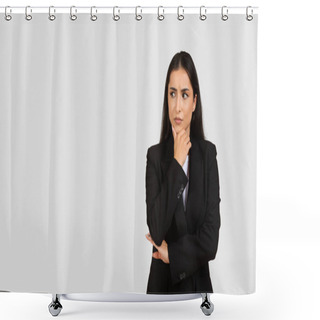 Personality  Contemplative Young Professional Woman In Black Business Suit Looking Aside At Free Space And Touching Chin, Against Grey Backdrop, Panorama, Banner Shower Curtains