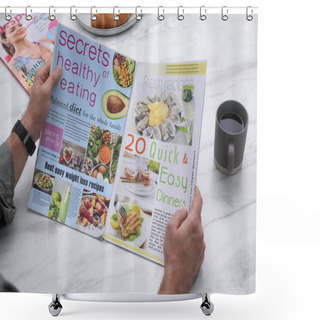 Personality  Man Reading Magazine During Breakfast At White Marble Table, Closeup Shower Curtains