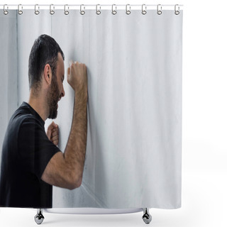 Personality  Adult Depressed Man Screaming While Standing By White Wall At Home Shower Curtains