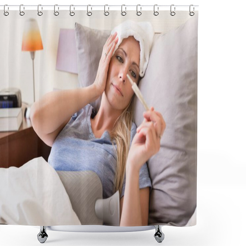 Personality  Sick Woman With Fever Checking Her Temperature Shower Curtains