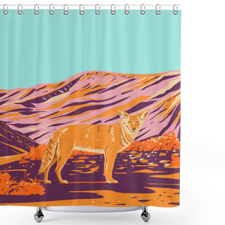Personality  WPA Poster Art Of A Coyote In Death Valley National Park In The California Nevada Border East Of Sierra Nevada, United States Done In Works Project Administration Style Or Federal Art Project Style. Shower Curtains