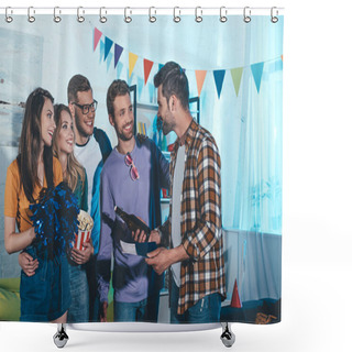 Personality  Happy Young People Looking At Friend With Passport And Ticket At Home Party Shower Curtains