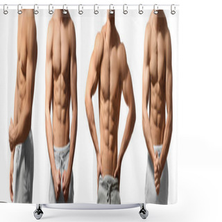 Personality  Collage With Muscular Young Bodybuilder On White Background Shower Curtains