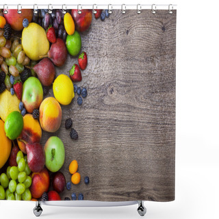 Personality  Colorful Fruits On Wooden Table With Water Drops And Copy Space Shower Curtains
