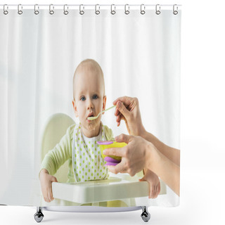 Personality  Mother Feeding Baby On Feeding Chair With Baby Nutrition On White Background Shower Curtains