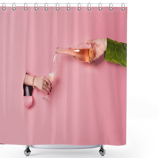 Personality  Cropped View Of Man Pouring Champagne Near Woman With Glass And Pink Background With Hole  Shower Curtains