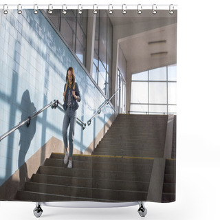 Personality  Young Stylish Female Tourist With Backpack Going Downstairs At Subway  Shower Curtains