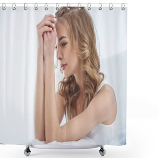 Personality  Blonde Depressed Woman Shower Curtains