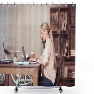 Personality  Businesswoman Working With Laptop  Shower Curtains