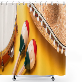 Personality  Tambourine, Maracas And Sombrero On Yellow Background, Panoramic Shot Shower Curtains