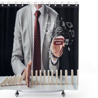 Personality  Cropped View Of Businessman Preventing Wooden Blocks From Falling While Holding Brick With Words 'optimization Process', Icons On Foreground Shower Curtains