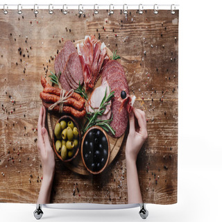Personality  Cropped View Of  Woman Taking Prosciutto From Round Cutting Board With Olives, Salami And Ham On Wooden Table With Scattered Peppercorns Shower Curtains