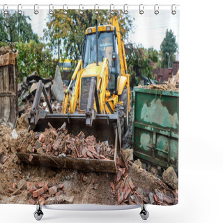 Personality  Industrial Excavator And Bulldozer Loading Debris And Demolition Bricks Into A Container Shower Curtains