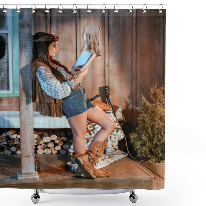Personality  Woman In Boho Style Reading Book Shower Curtains