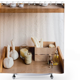 Personality  Rack With Herbal Bags, Wooden Box, Loofah, Bottles With Oil, Clay Mask In Jar And Candle  Shower Curtains
