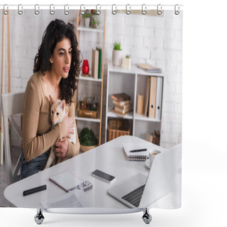 Personality  Brunette Woman Holding Oriental Cat Near Gadgets And Notebooks At Home  Shower Curtains