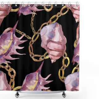 Personality  Purple Marine Tropical Seashells With Chains Isolated On Black. Watercolor Background Illustration Set. Seamless Background Pattern. Shower Curtains