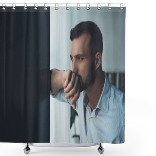 Personality  Upset Pensive Man Looking At Window At Home Shower Curtains