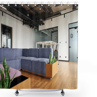 Personality  Waiting Zone, Lounge In Contemporary Office With Comfortable Couch, High Table And Chairs, Green Natural Plants, High Tech Style Interior, Workspace Organization Concept Shower Curtains