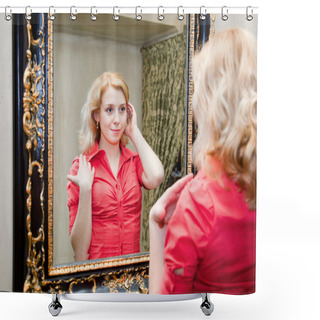 Personality  Reflection Of Young Woman In A Mirror Shower Curtains