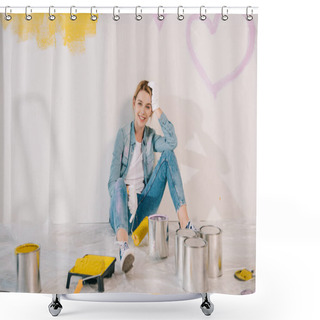 Personality  Attractive Young Woman Holding Yellow Paint Roller While Sitting On Floor Near Wall Shower Curtains