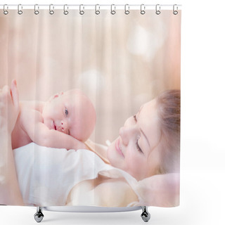 Personality  Happy Mother And Her Newborn Baby Kissing And Hugging Shower Curtains