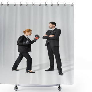 Personality  Confident Businessman Standing With Folded Arms Near Business Competitor In Boxing Gloves On Grey Background Shower Curtains