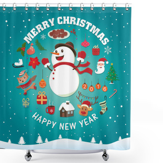 Personality  Vintage Christmas Poster Design With Snowman Shower Curtains