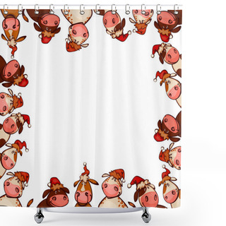 Personality   Happy New Year Frame With Cute Little Cartoon Cattle With Cows And Bulls Celebrating The 2021chinese Astrological Calendar ,vector Illustration Shower Curtains