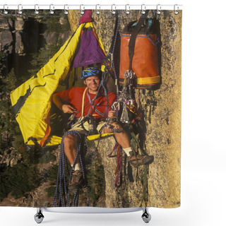 Personality  Rock Climber In His Shelter. Shower Curtains