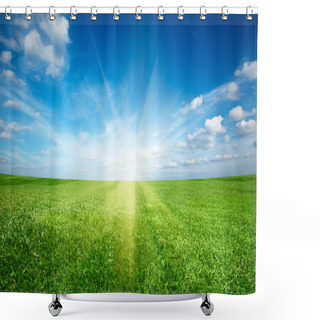 Personality  Sunset Sun And Field Of Green Fresh Grass Under Blue Sky Shower Curtains