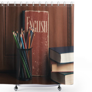Personality  English Courses Concept. Still Life With Books And Pencils Shower Curtains