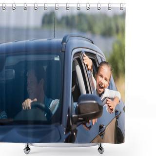 Personality  Selective Focus Of Excited Girl Looking Through Window Of Car Near Father  Shower Curtains
