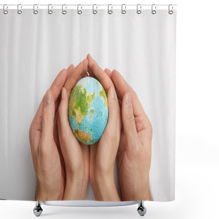 Personality  Top View Of Woman And Man Holding Planet Model On Grey Background, Earth Day Concept Shower Curtains