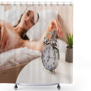 Personality  Selective Focus Of Woman Touching Retro Alarm Clock  Shower Curtains