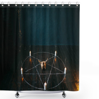 Personality  Pentagram Circle With Candles On Black Wooden Floor. Dark Magic Ritual With Occult And Esoteric Symbols Shower Curtains