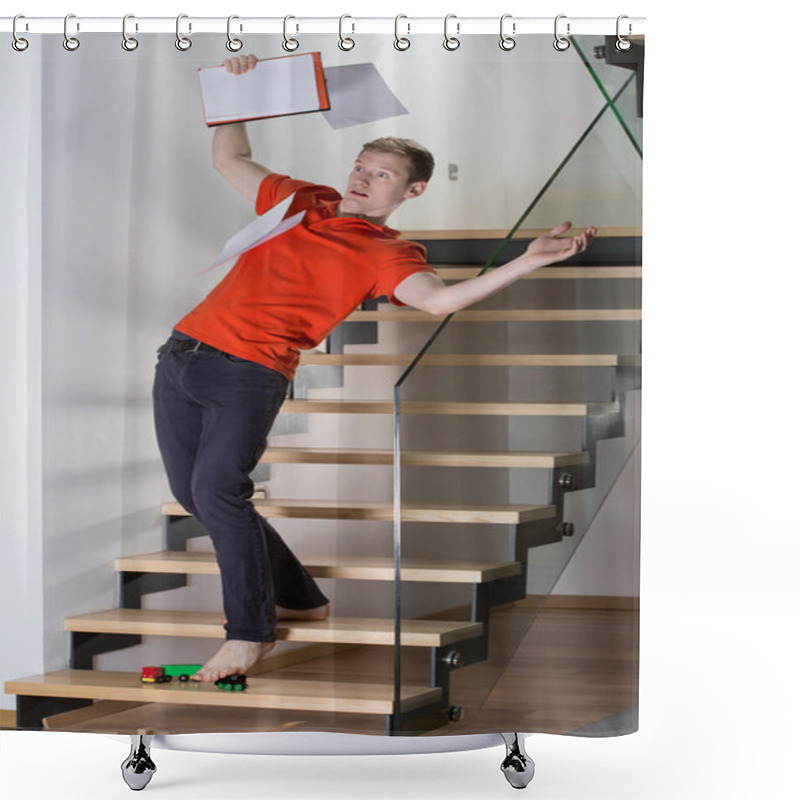 Personality  Man Stepping On Toys On Stairs Shower Curtains