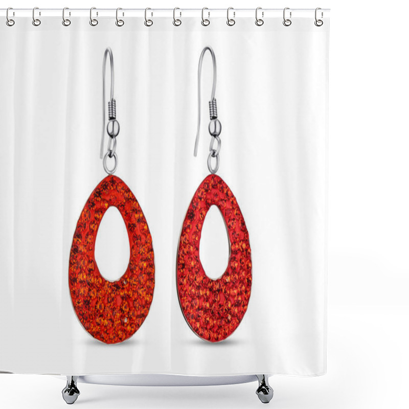 Personality  Earrings With Red Crystals On White Background, Jewelry Shower Curtains