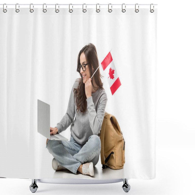 Personality  Female Student Sitting With Canadian Flag And Using Laptop Isolated On White Shower Curtains